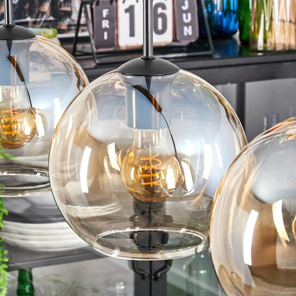 Koyoto Suspension À 3 Ampoules En Métal/Verre Noir/Ambre/Transparent, Suspension Moderne Au Design Rétro/Vintage (Abat-Jour Ø 20 Cm), E27, Salle À Manger, Salon, Cuisine