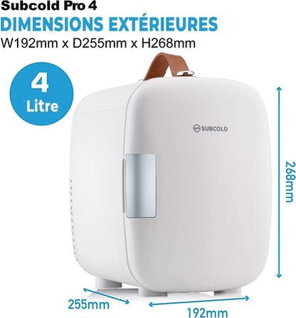 Subcold Pro4 Mini Frigo De Luxe | 4 Litres/6 Canettes | AC Et USB | Petit Réfrigérateur Portable Pour Le Bureau, La Chambre, La Voiture, Les Voyages, Les Soins De La Peau Et Les Cosmétiques (Blanc)