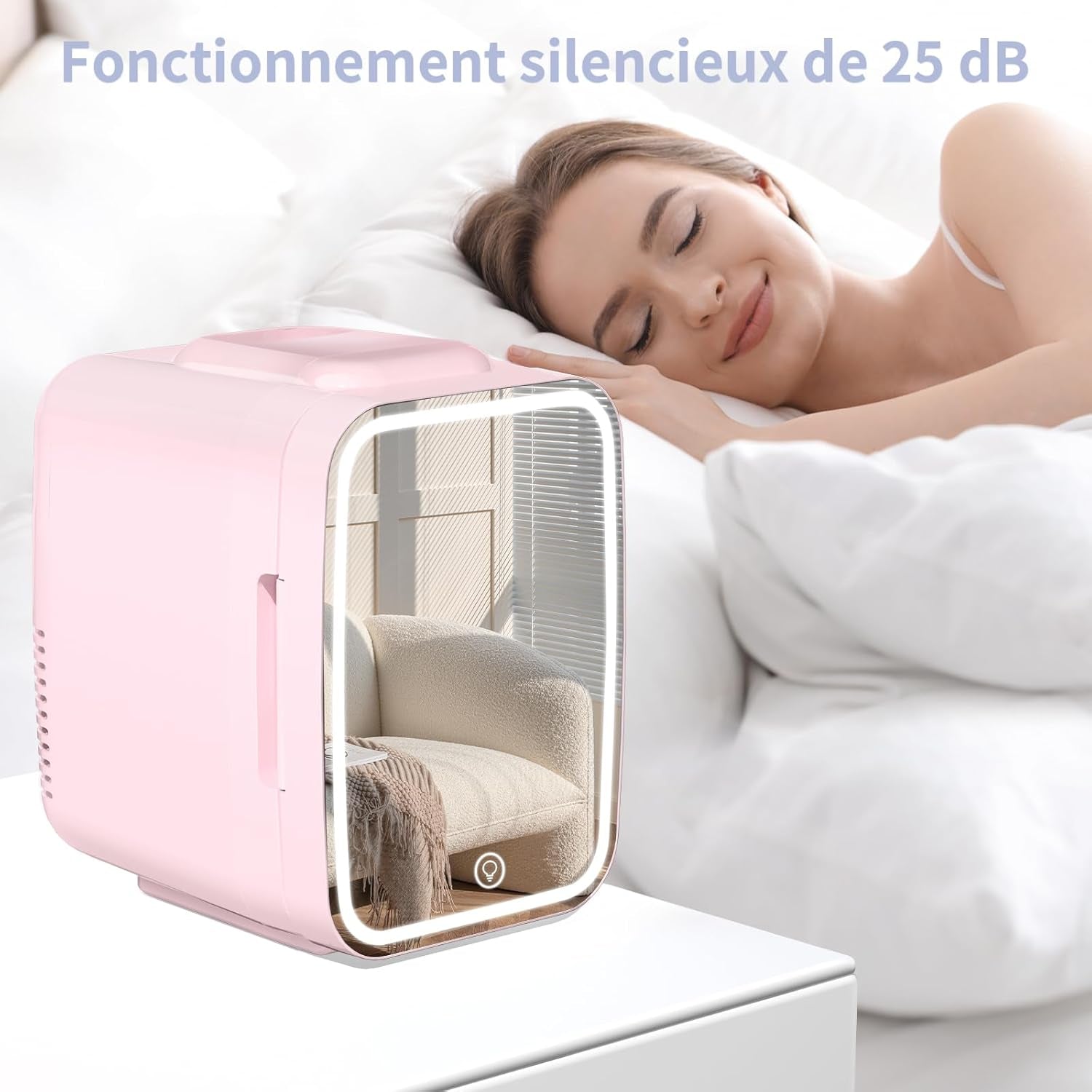 Mini Frigo Pour Chambre, Frigo Skincare Avec Miroir LED, Petit Frigo De 4L Portable, Thermoelectrique Chauffe & Refroidisseur 220V AC / 12V DC Pour Voiture, Bureau, Dortoir (Rose)
