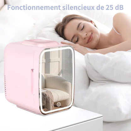 Mini Frigo Pour Chambre, Frigo Skincare Avec Miroir LED, Petit Frigo De 4L Portable, Thermoelectrique Chauffe & Refroidisseur 220V AC / 12V DC Pour Voiture, Bureau, Dortoir (Rose)