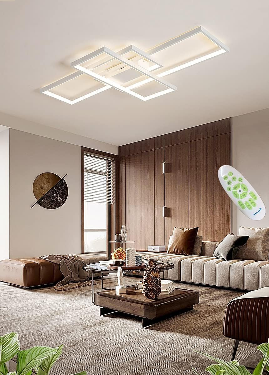 Lustre Moderne, Plafonnier LED Salon Rectangulaire, Lampe Plafonnier LED Dimmable En Métal Acrylique, Plafonnier Salon Design Avec Telecommande,Blanc,90 * 50CM/80W