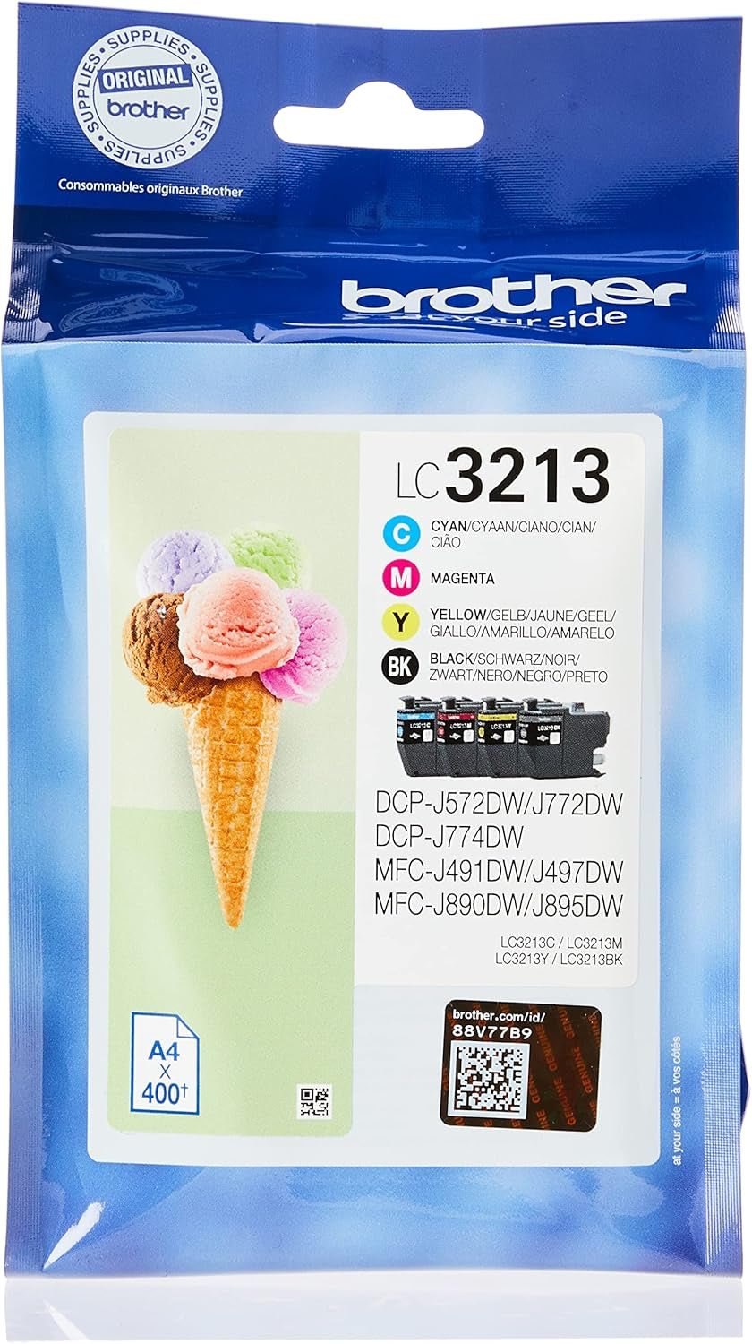Brother Lc3213Val Cartouche D'Encre – Cyan/Magenta/Jaune/Noir | Noir/Cyan/Magenta/Jaune, Multi-Pack, Haut Rendement, Comprend 4 Cartouches Jet D'Encre, Fournitures Authentiques Brother