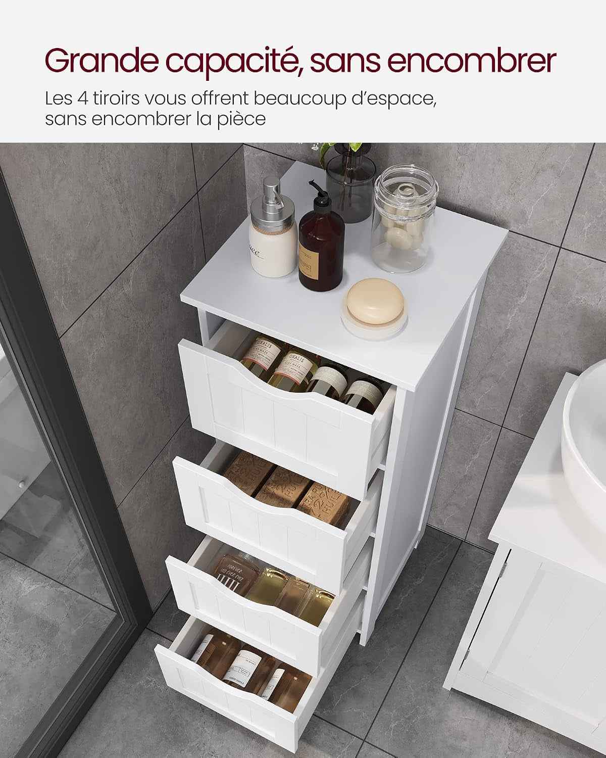 Meuble De Salle De Bain, Armoire Sur Pied, Avec 4 Tiroirs, 30 X 30 X 82 Cm, Pour Salon, Salle À Manger, Cuisine, Style Moderne, Blanc LHC40W
