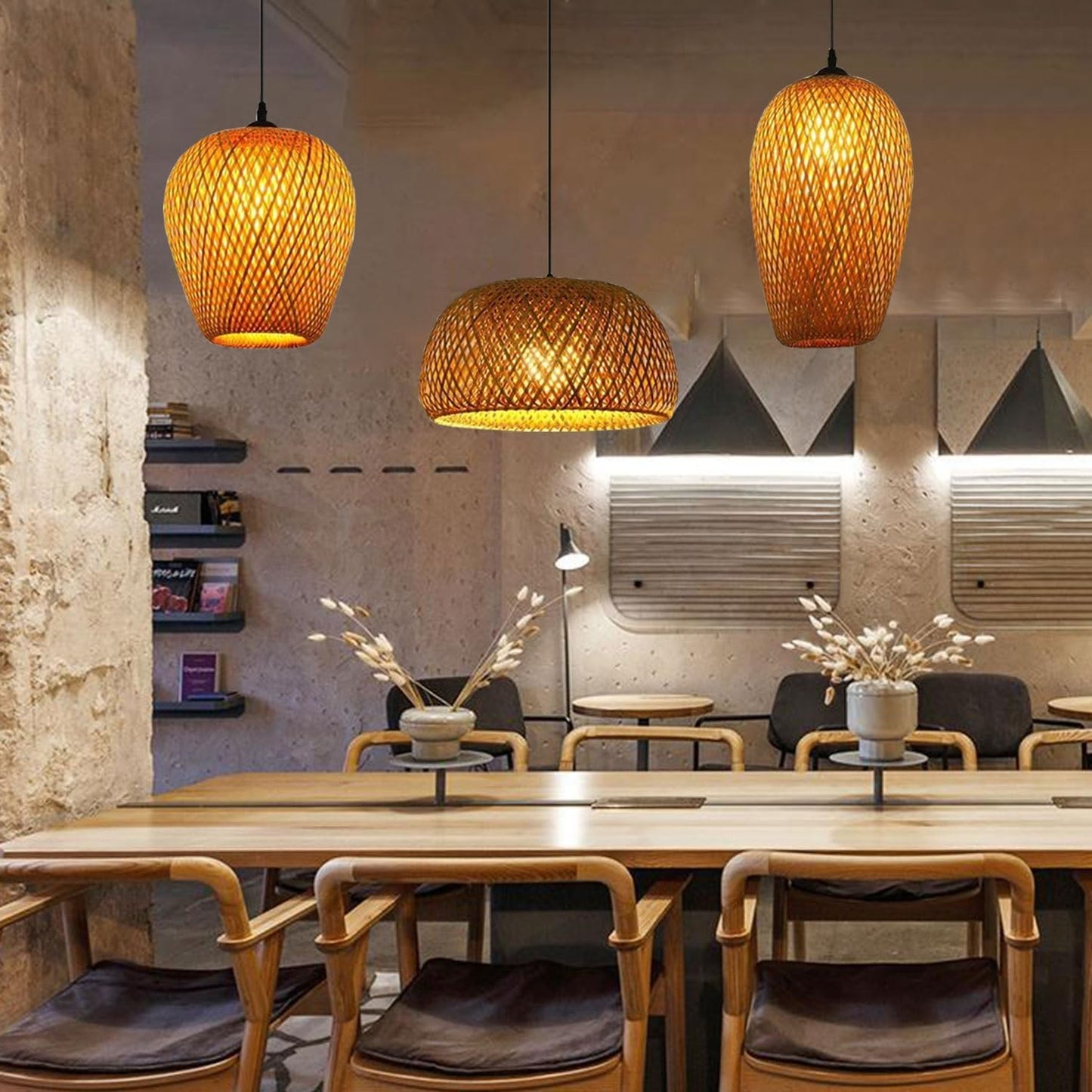 Bambou Naturel Tissé Suspension Rétro Lustre E27 Suspendue Hauteur Adjustable 3 Flammes Pendentif Luminaire Vintage Japonais Maison Intérieur Éclairage Bar Cuisine Restaurant Salle Lampe Plafond
