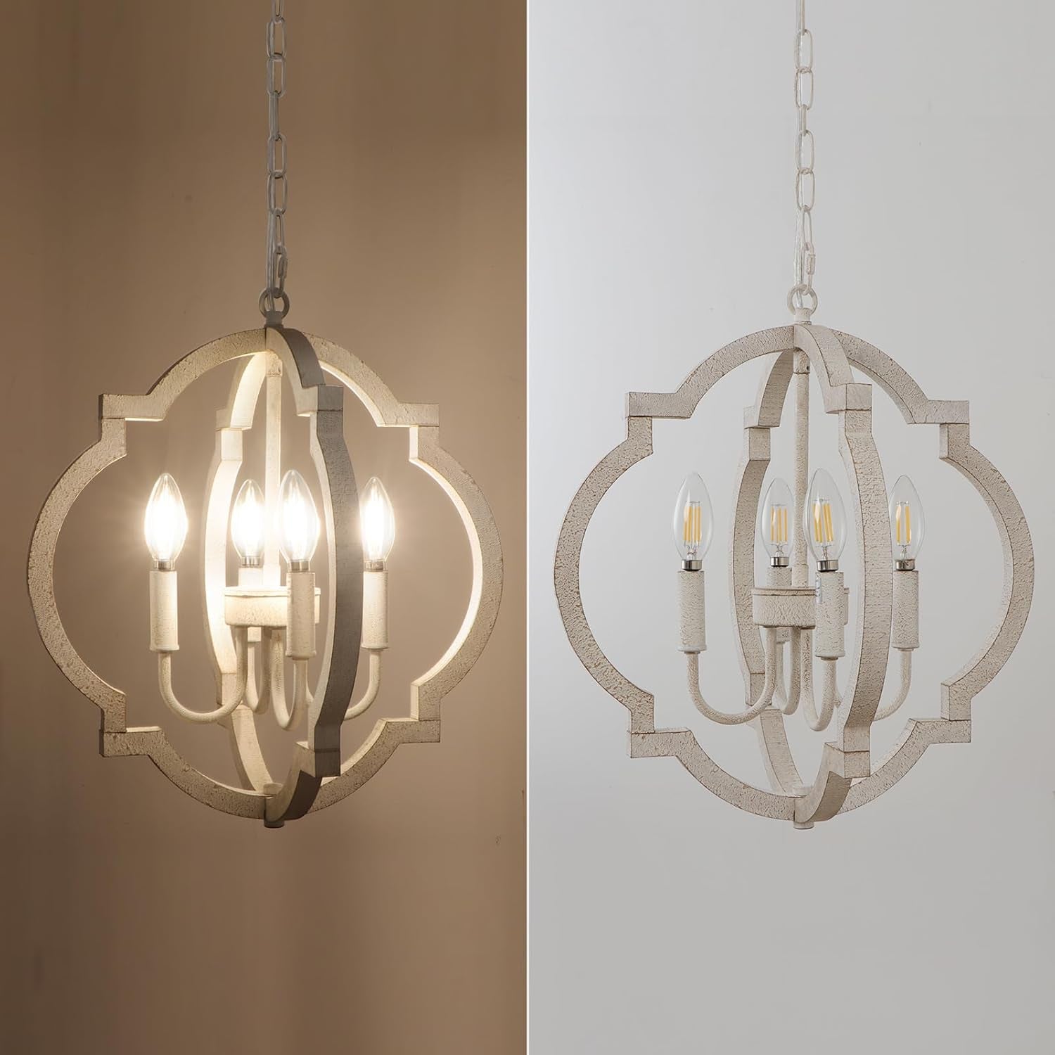 Lustre En Bois Blanc À 4 Lumières Lampe Suspendue Rustique Française Antique Classique Pour Salle À Manger, Entrée, Chambre À Coucher, Salon, Cuisine