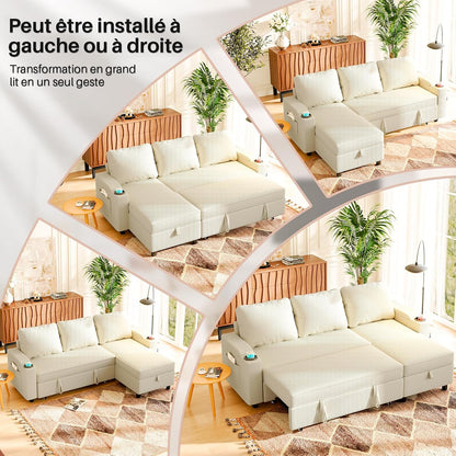 , Canapé Lit Avec Rangement Intégré Et Accoudoirs Multifonctionnels, Idéal Pour Salon, Design Moderne Et Pratique,Bureau Et Petit Appartement, Beige