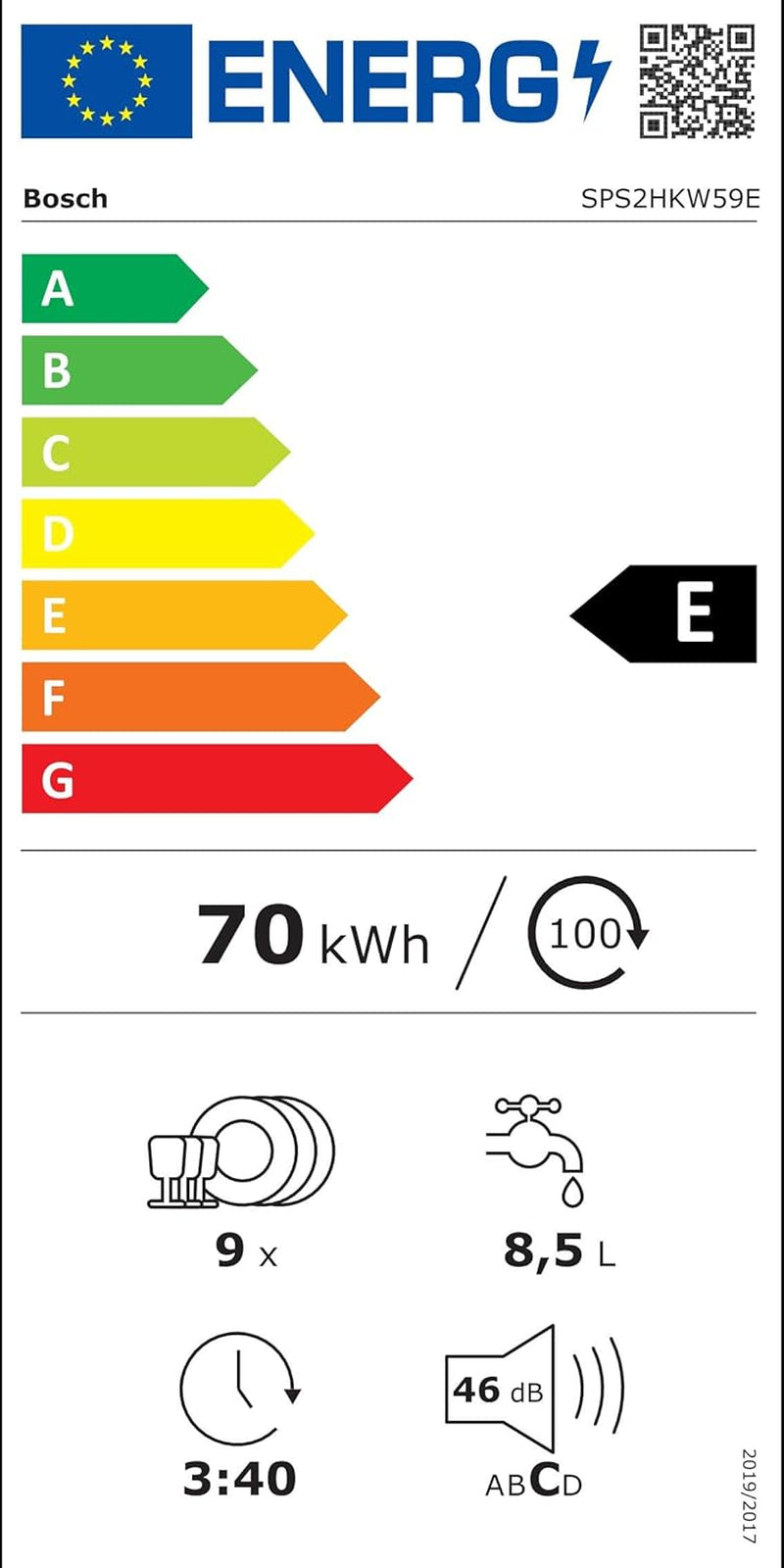 Elettrodomestici SPS2HKW59E Série 2 Lave-Vaisselle De Libre Positionnement 45 Cm Blanc