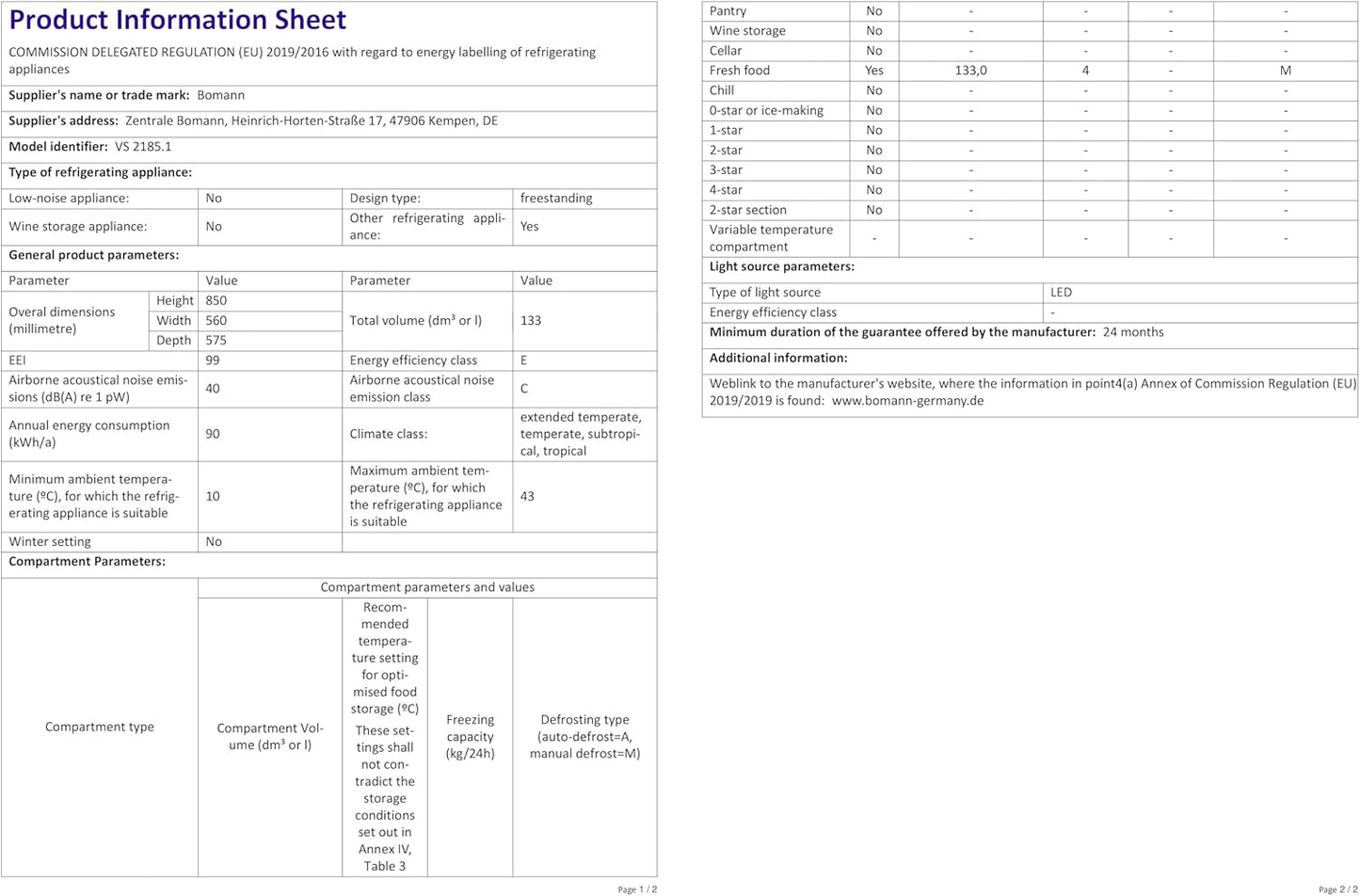 Bomann Réfrigérateur 133L Blanc Vs2185-1-Blanc, Capacité Nette : 133 Litres, Éclairage Intérieur À DEL, Contrôle De La Température En Continu, 3 Clayettes En Verre