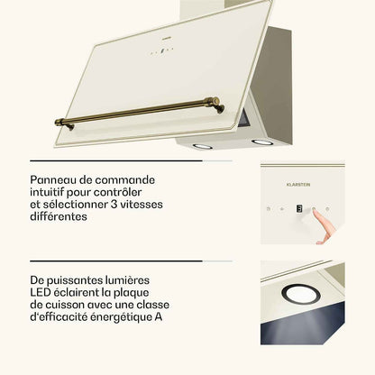 KLARSTEIN Victoria Hotte Aspirante - 90Cm Hotte Cuisine Angulaire, Débit D'Air 400 M³/H, Panneau Tactile LED, A++ Énergie, Silencieuse 52 DB, Crème & Or, Extraction & Recirculation