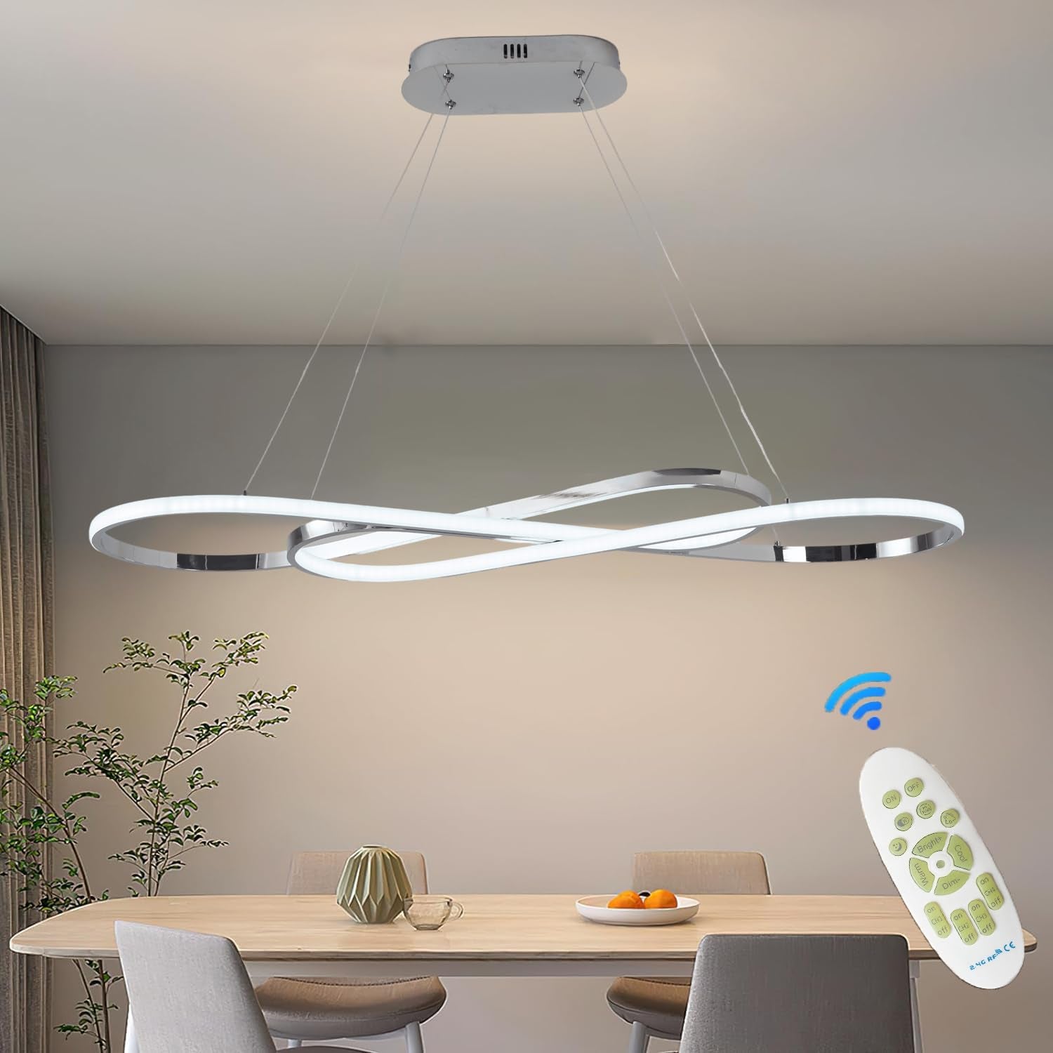 Suspension LED Table À Manger Lampe Suspendue À Intensité Variable Avec Télécommande À Suspension Design Linéaire Lampe Lustre Réglable En Hauteur Lampe De Cuisine (L100Cm/57W) Chrome