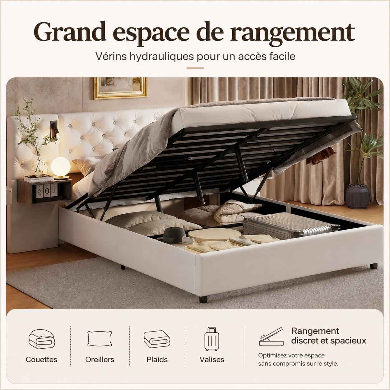 Lit Coffre 140X200 Cm Avec Sommier, Lit Complet En Velours Avec Tables De Chevet, Lit Double Avec Lampes De Lecture, Tête De Lit Avec USB Et USB-C, Pour Adultes (Blanc Cassé, 140 X 200 Cm)