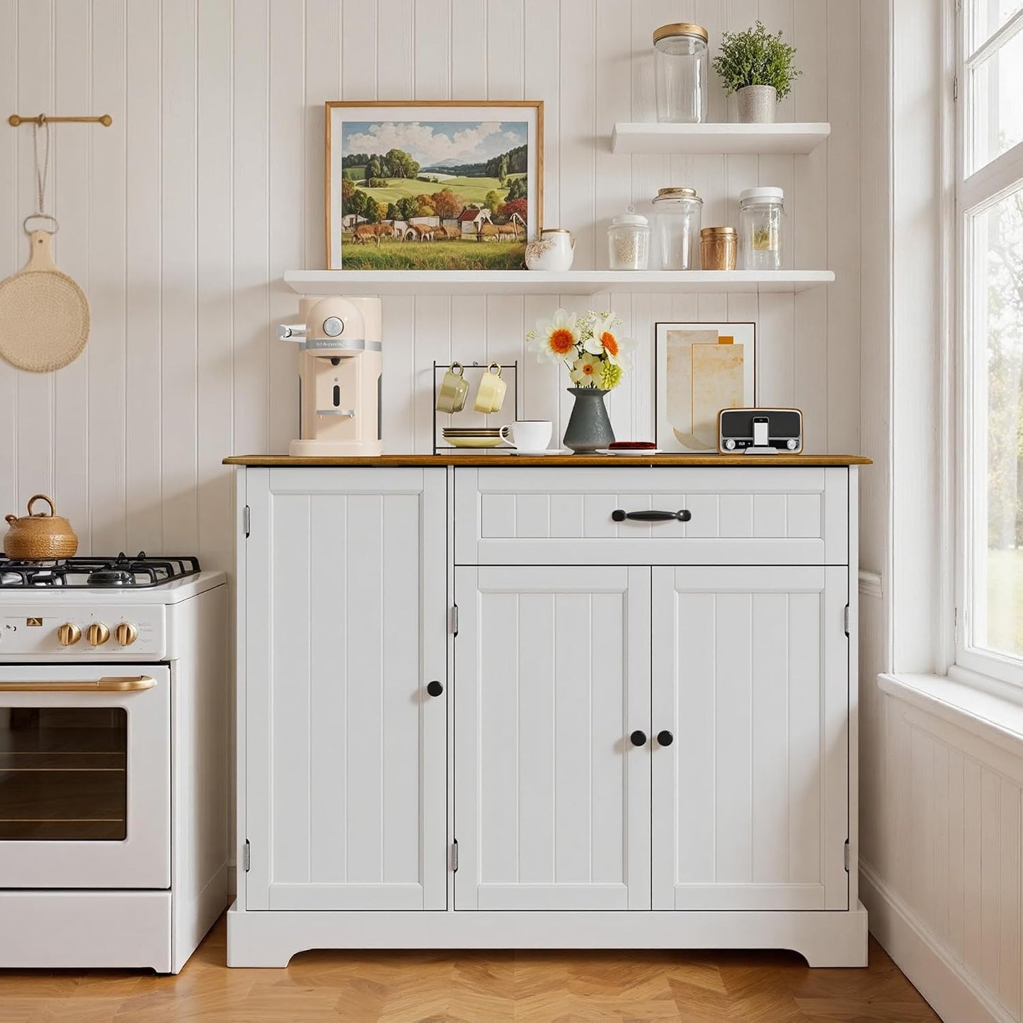 Buffet Avec 1 Tiroir, Étagère De Porte À 3 Niveaux Et Grand Espace De Rangement, Buffet Avec Dispositif Anti-Basculement Et Coins Arrondis, Pour Cuisine, Salon Ou Chambre À Coucher, Vintage