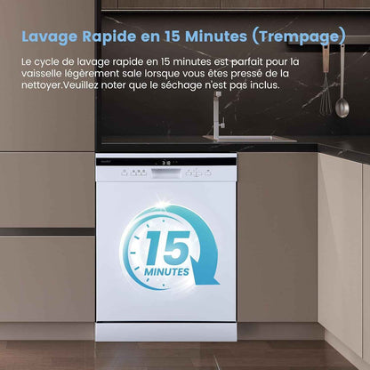 ' FD1435E-W Lave-Vaisselle Pose Libre 14 Couverts, 60 Cm, 44 Db | 8 Programmes, Ouverture Automatique, Départ Différé, Demi-Charge, Paniers Flexibles, Séchage Intensif, Blanc