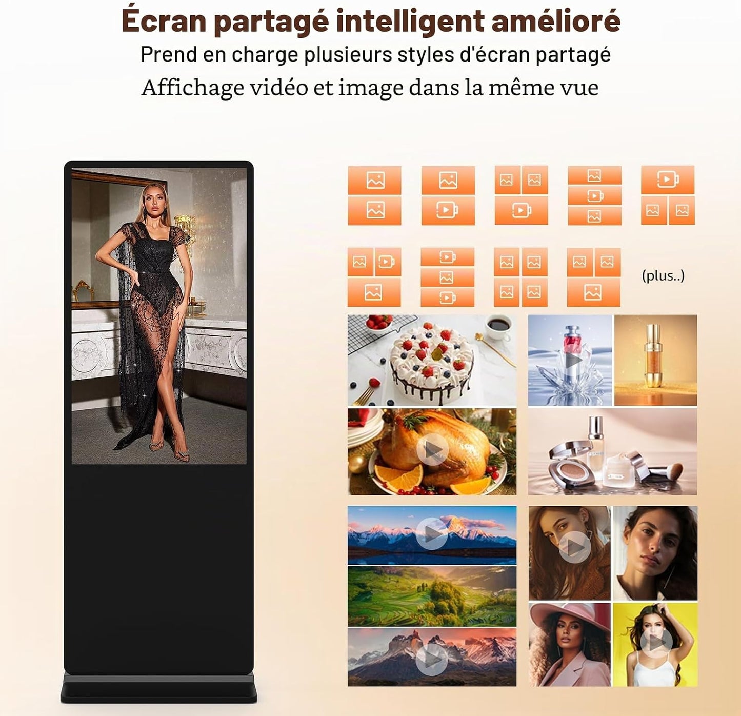 65" Écran Publicitaire 4K, Totem Affichage Autoportant IPS, Luminosité 450 Nits, Système Android, Ecran Publicitaire Interactive Pour Commerces Et Restaurants, Hdmi/Usb/Wifi, Tactile
