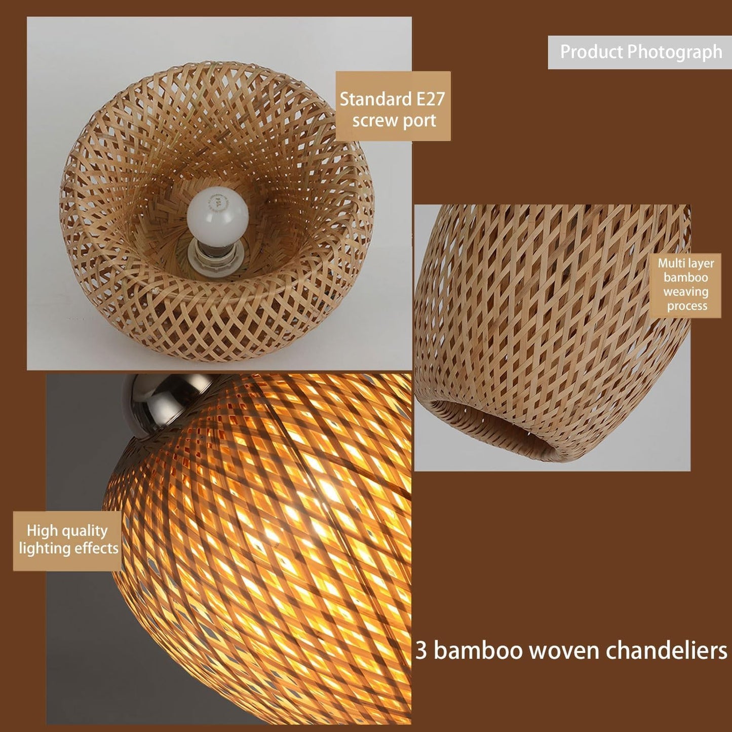 Bambou Naturel Tissé Suspension Rétro Lustre E27 Suspendue Hauteur Adjustable 3 Flammes Pendentif Luminaire Vintage Japonais Maison Intérieur Éclairage Bar Cuisine Restaurant Salle Lampe Plafond