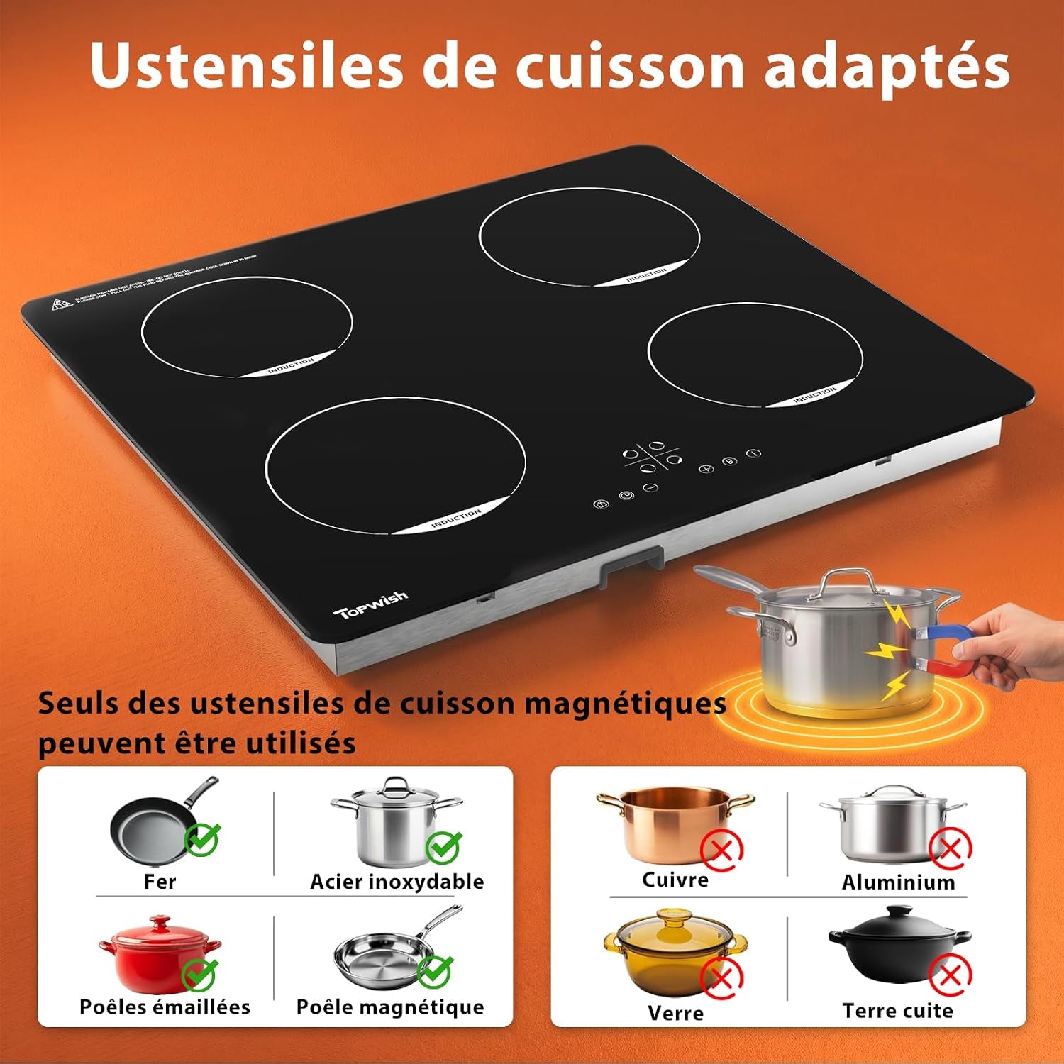 Plaque Induction, Plaque Induction 4 Feux, 7200W | Plaque De Cuisson Electrique, Con Verrou De Sécurité, Boost, Voyant De Surface Chaude, Protection D'Extinction, Timer, 60Cm