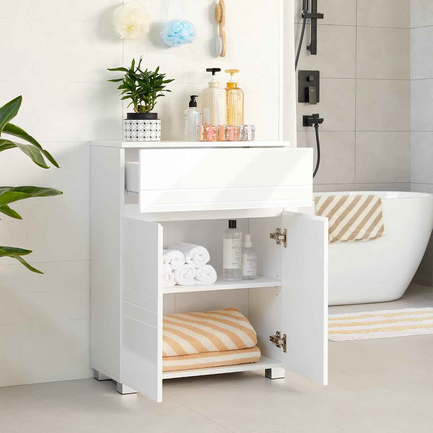 Meuble De Salle De Bain Sur Pied, Meuble De Rangement Avec Tiroir, Armoire À Double Porte, Étagère Réglable, Pour Entrée, Couloir, 60 X 30 X 80 Cm, Blanc BBK140W01