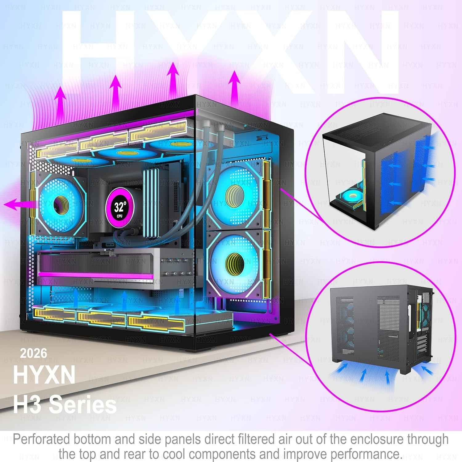 H3(2026) Boitier PC ATX– Préinstallé 6 Ventilateurs PWM ARGB Miroir Infini, Supporter Radiateur 360 Mm,Boîtier PC ATX À Double Chambre Mid Tower, Avec Type -C 3.2 (Noir)
