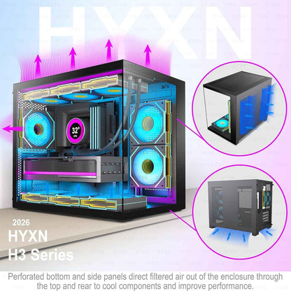 H3(2026) Boitier PC ATX– Préinstallé 6 Ventilateurs PWM ARGB Miroir Infini, Supporter Radiateur 360 Mm,Boîtier PC ATX À Double Chambre Mid Tower, Avec Type -C 3.2 (Noir)