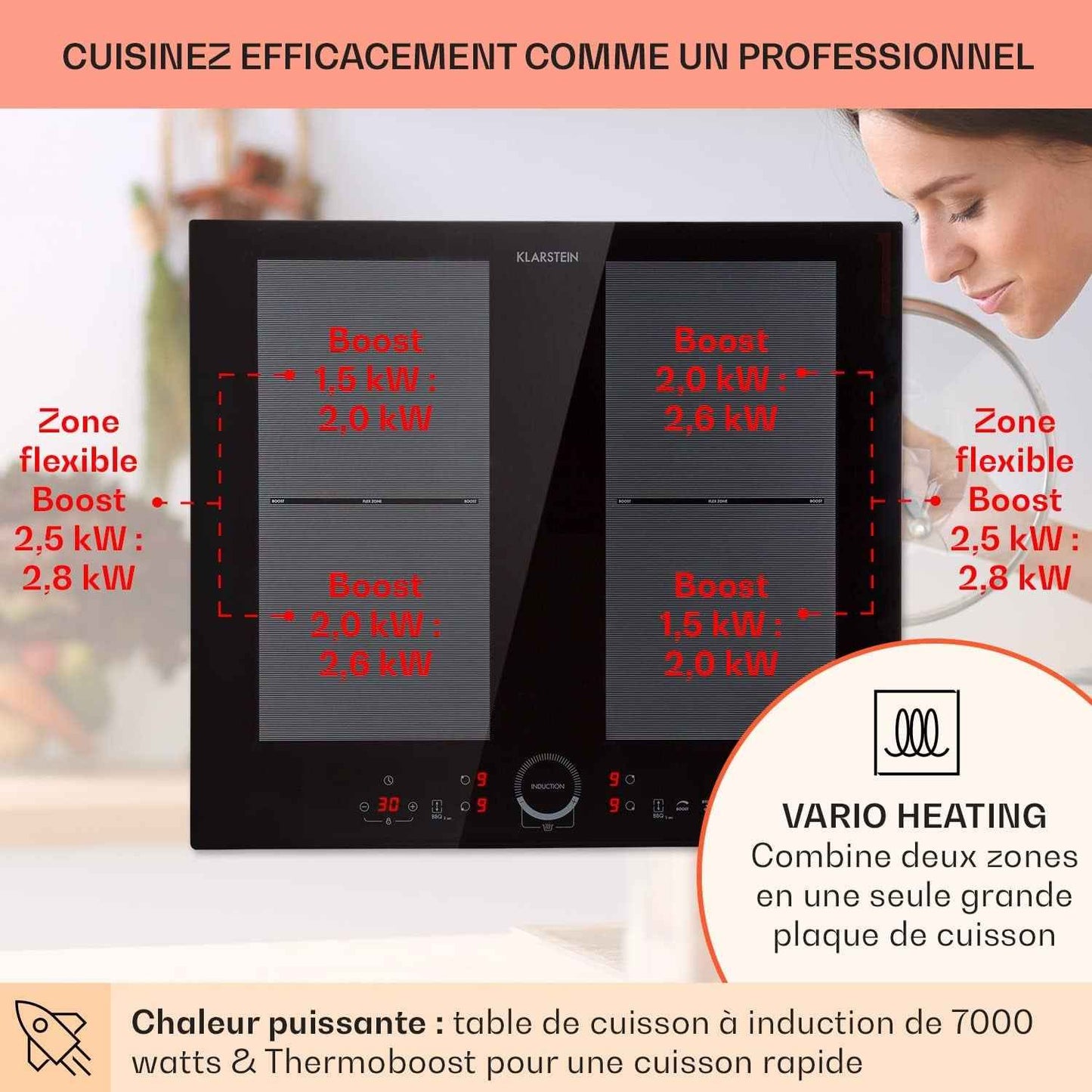 Klarstein Plaque Induction 7000W, Plaque De Cuisson Electrique À Induction, Encastrées 4 Feux, Tables De Cuisson Encastrable, Contrôle Tactile, Rechaud Electrique Pour La Cuisine