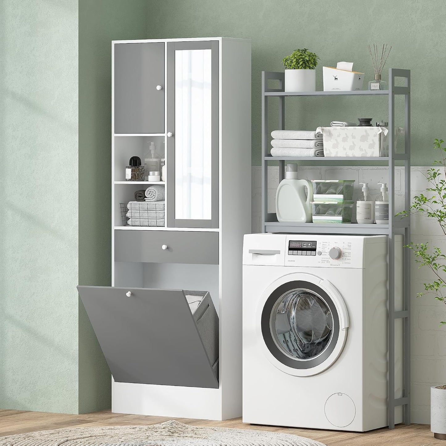 Meuble De Salle De Bain Haut Avec Coffre a Linge Et Miroir | Meuble De Rangement, Placards À Portes, 2 Compartiments Ouverts, Tiroir, Étagère Réglable, 62 X 28,3 X 181 Cm, Gris Et Blanc