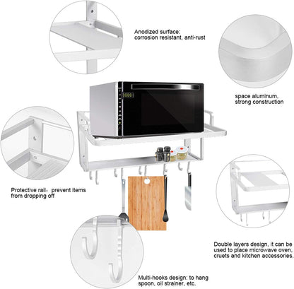 Etagere Micro Ondes Murale, Support De Four À Micro-Ondes, Étagère À Micro-Ondes, Support De Four À Double Couche En Aluminium, Avec Crochet Multifonction Pour Cuisine, 54,9 X 38,4 X 25 Cm
