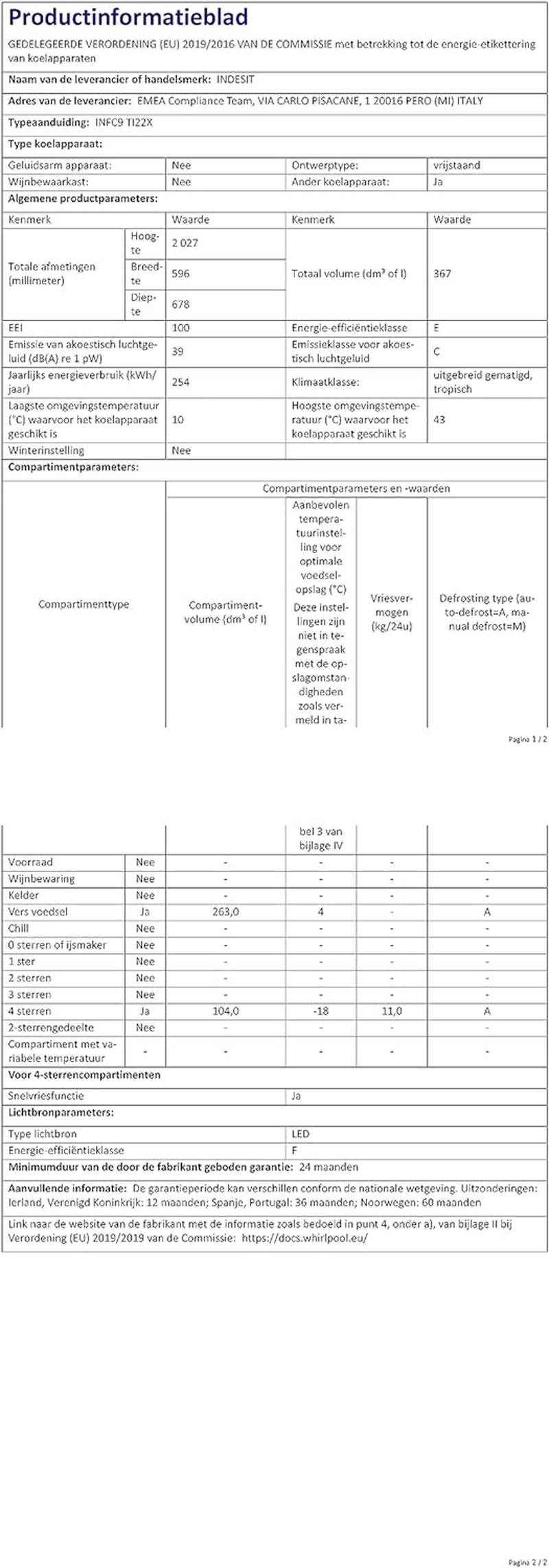 Indesit INFC9TI22X Réfrigérateur Combiné - Total Nofrost, Pose Libre, 367L