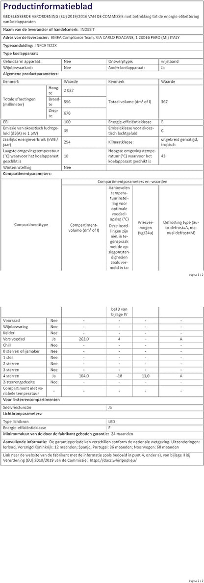 Indesit INFC9TI22X Réfrigérateur Combiné - Total Nofrost, Pose Libre, 367L