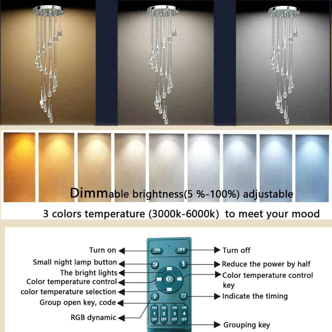 Lustre Suspendu En Cristal Long 12 Lumières - Éclairage Pour Foyer, Entrée, Plafond Haut, Salon - Grands Lustres LED Avec Accessoires Réglables
