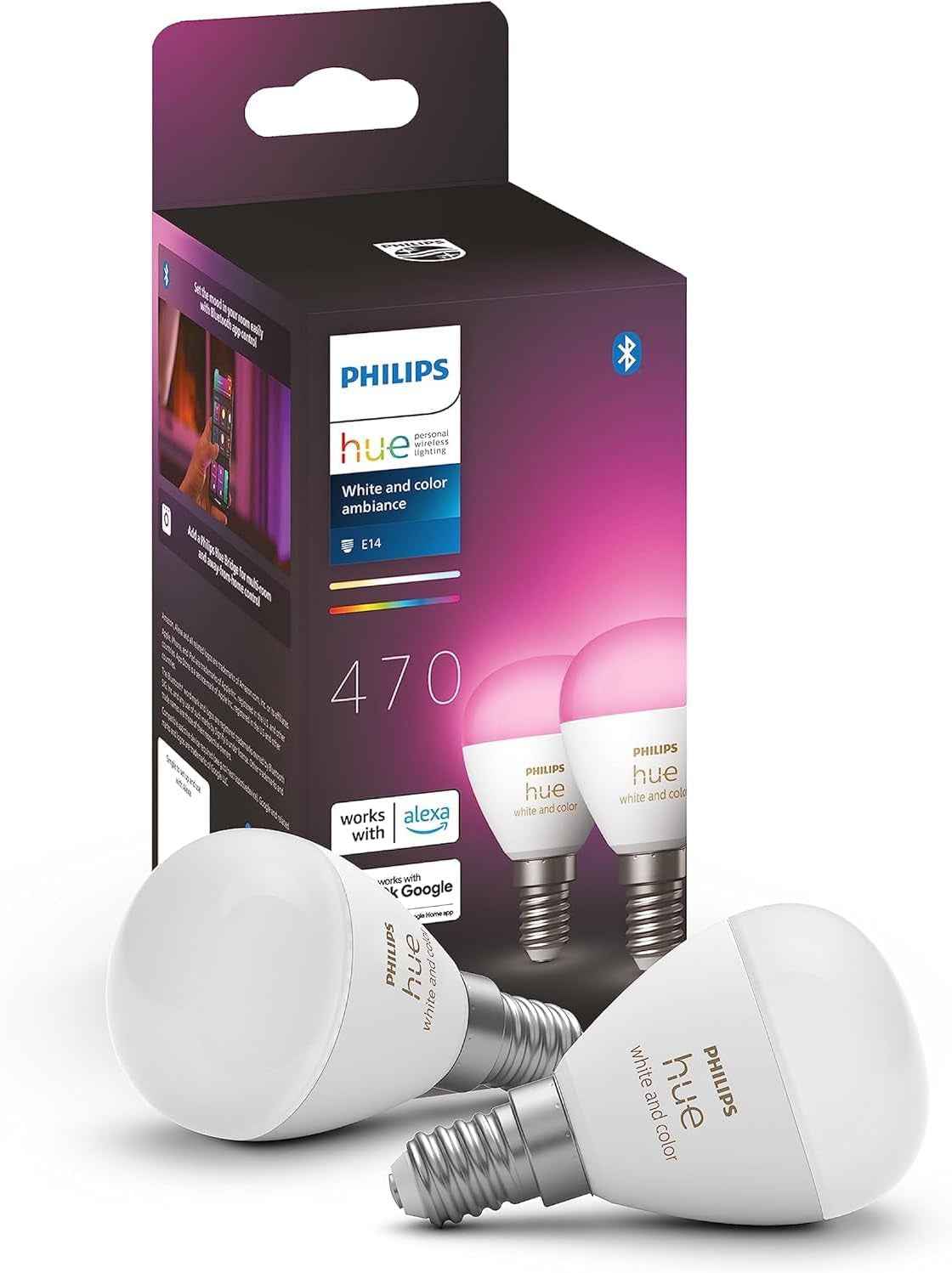 Philips Hue White and Color Ambiance, Ampoule LED Connectée Sphérique Compatible Bluetooth, E14, Fonctionne Avec Alexa, Google Assistant Et Apple Homekit, Lot De 2