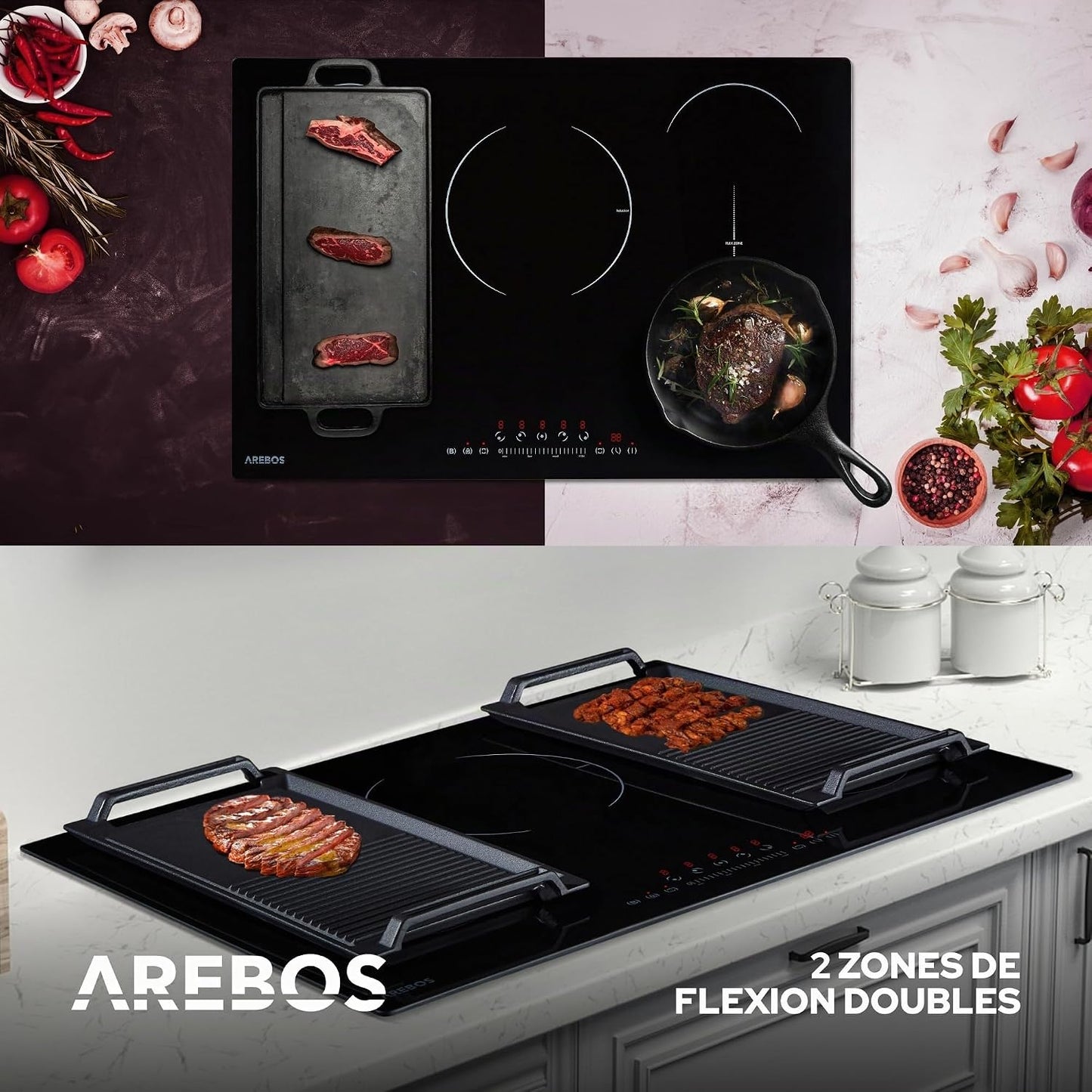 Table De Cuisson À Induction | 9800 W | 5 Plans De Cuisson Avec 2 Zones Flexibles | Avec Sensor Touch, Minuterie, Sécurité Enfants, Protection Contre La Surchauffe, Arrêt Automatique