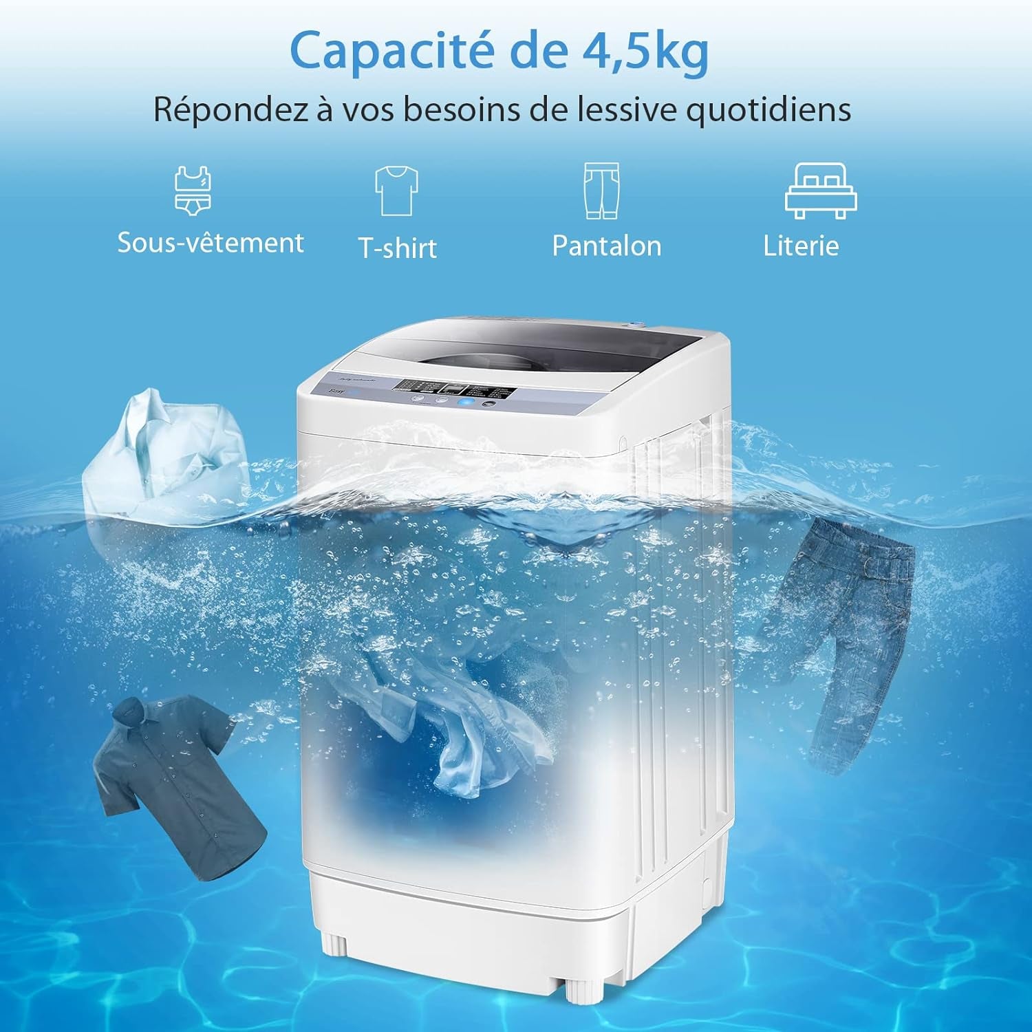 Machine À Laver Automatique 10 Programmes Avec Volume Du Tambour 45L, Mini Lave-Linge Avec Capacité De Lavage De 4,5 Kg Avec Fonction De Séchage, 50 X 50,3 X 85,3 Cm