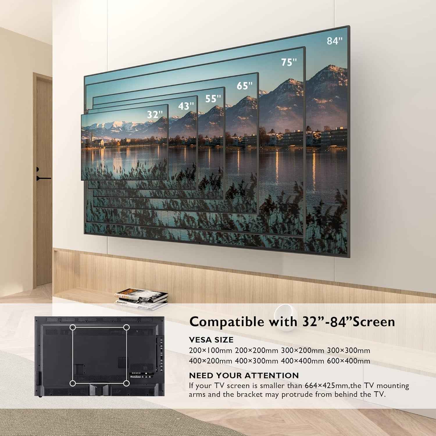 Support Mural TV À Double Bras, 32-84 Pouces, Charge 60 Kg | VESA Max 600X400Mm, Inclinaison Et Pivotement Réglables, Pour LCD LED Téléviseurs Plats Ou Incurvés