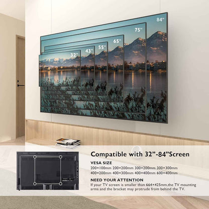 Support Mural TV À Double Bras, 32-84 Pouces, Charge 60 Kg | VESA Max 600X400Mm, Inclinaison Et Pivotement Réglables, Pour LCD LED Téléviseurs Plats Ou Incurvés