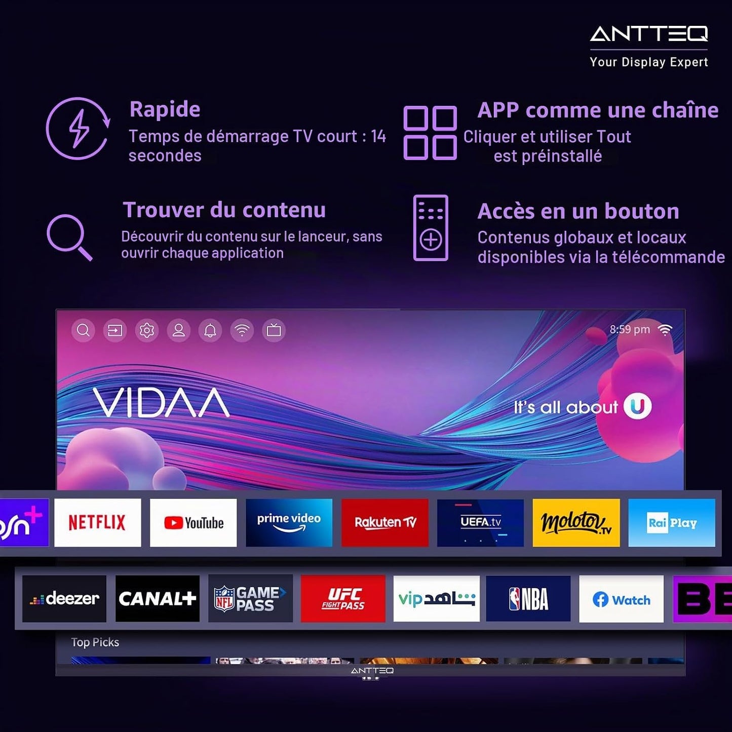 V32-AH3Q1D-BT Smart TV 32 Pouces Bluetooth (Television 80Cm,Vidaa OS Télévision Avec Appli Mobile,App Store,Share to Tv,Netflix/Dazn/Wifi,Hdmi,2026