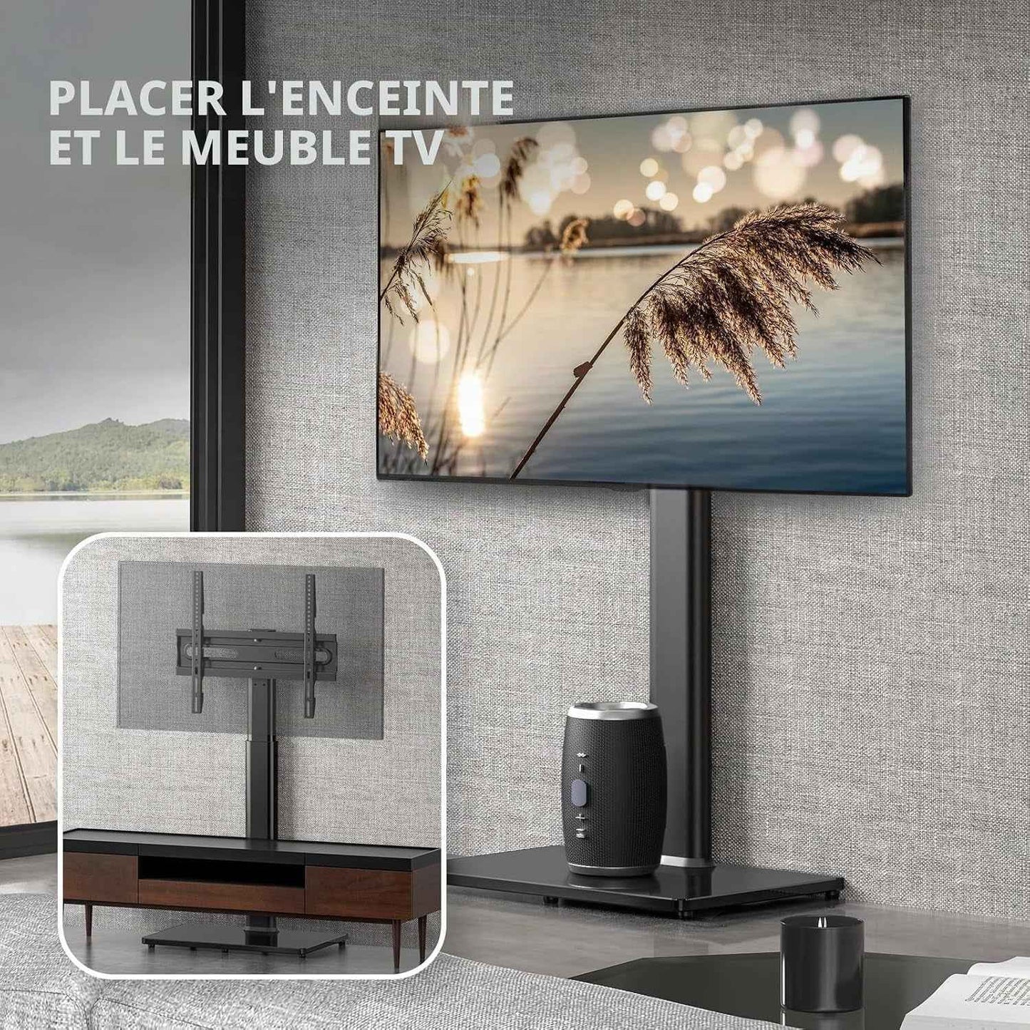 Support TV Au Sol Pour Téléviseurs 32-65 Pouces Jusqu'À 35 Kg Avec Inclinaison, Support TV Sur Pied Avec Pivotement À 70 Degrés, Max VESA 400X400Mm