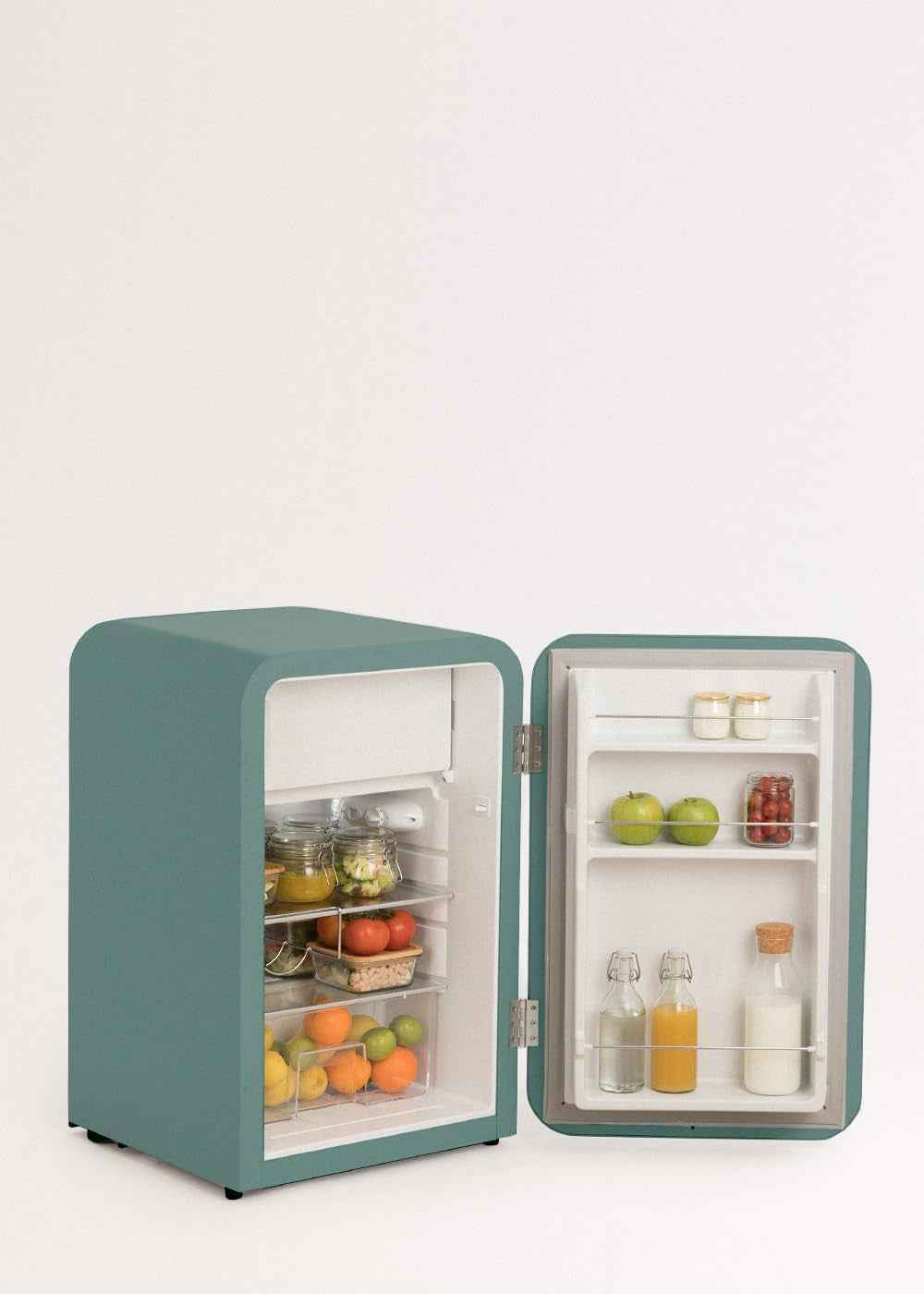 / RÉTRO FRIGO 83.5 Argent/Réfrigérateur Vert Sauge Avec Poignée Argentée / 98W, Basse Consommation, 2 Étagères, Régulateur De Température, Porte-Bouteilles, 56X54X84Cm.