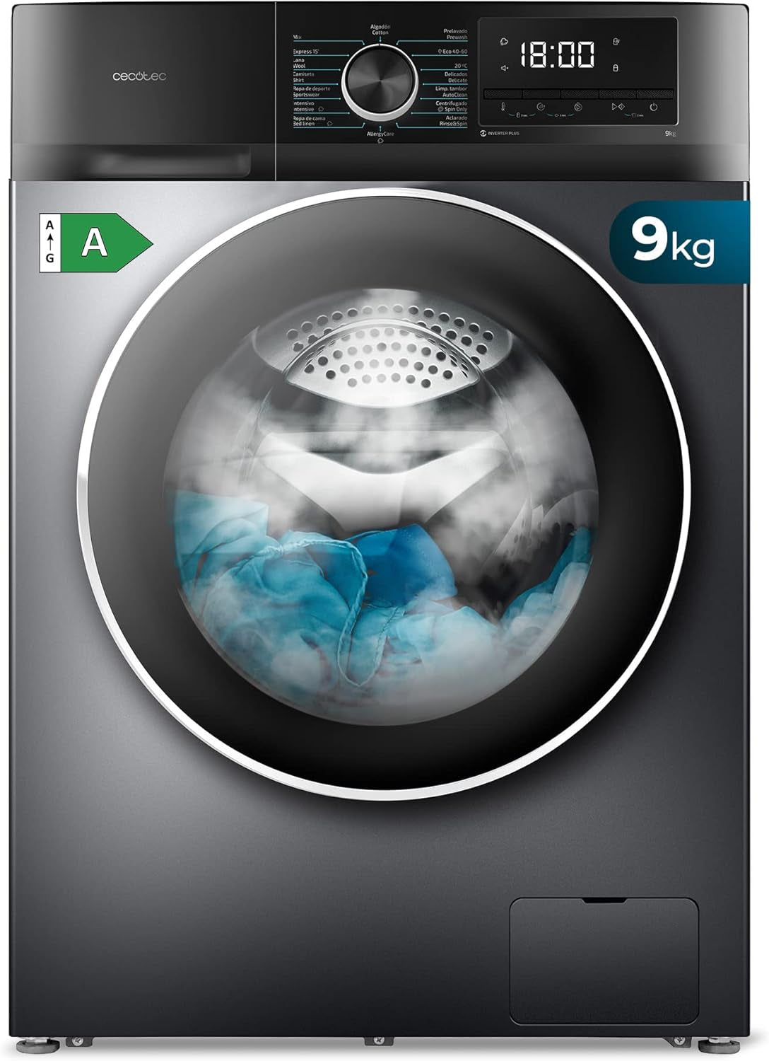 Lavadora 9 Kg Carga Frontal Bolero Dresscode 9500 Inverter Steel A. 1900 W, 1400 Rpm, Motor Inverter Plus, Bajo Consumo, 16 Programas, Steammax, Delay Start, Acero