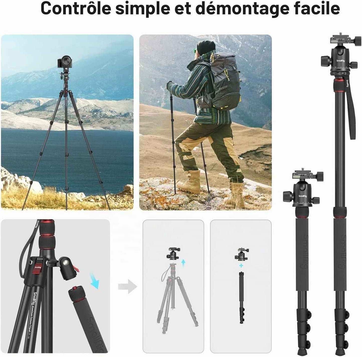 72" 182Cm Trepied Alu 15Kg Max Rotule 360° Plaque Rapide - 3935 | Trepied Appareil Photo,Aluminium Léger, Réglable 17" À 72", Rotule Panoramique 360°, Plaque Dégagement Rapide,Trépied Caméra