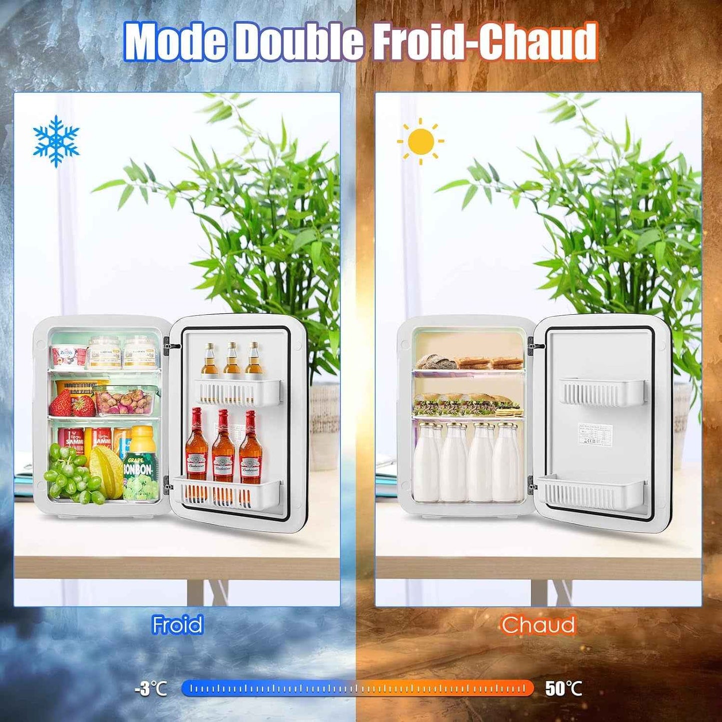 Mini Réfrigérateur 15L Portable -3 ℃ ~ 50 ℃ Pour Utilisation Ménager Automobile, Mini Frigo Réfrigerateur 1 Porte Avec Refroidissement Chauffage Pour Toutes Saisons (Blanc)