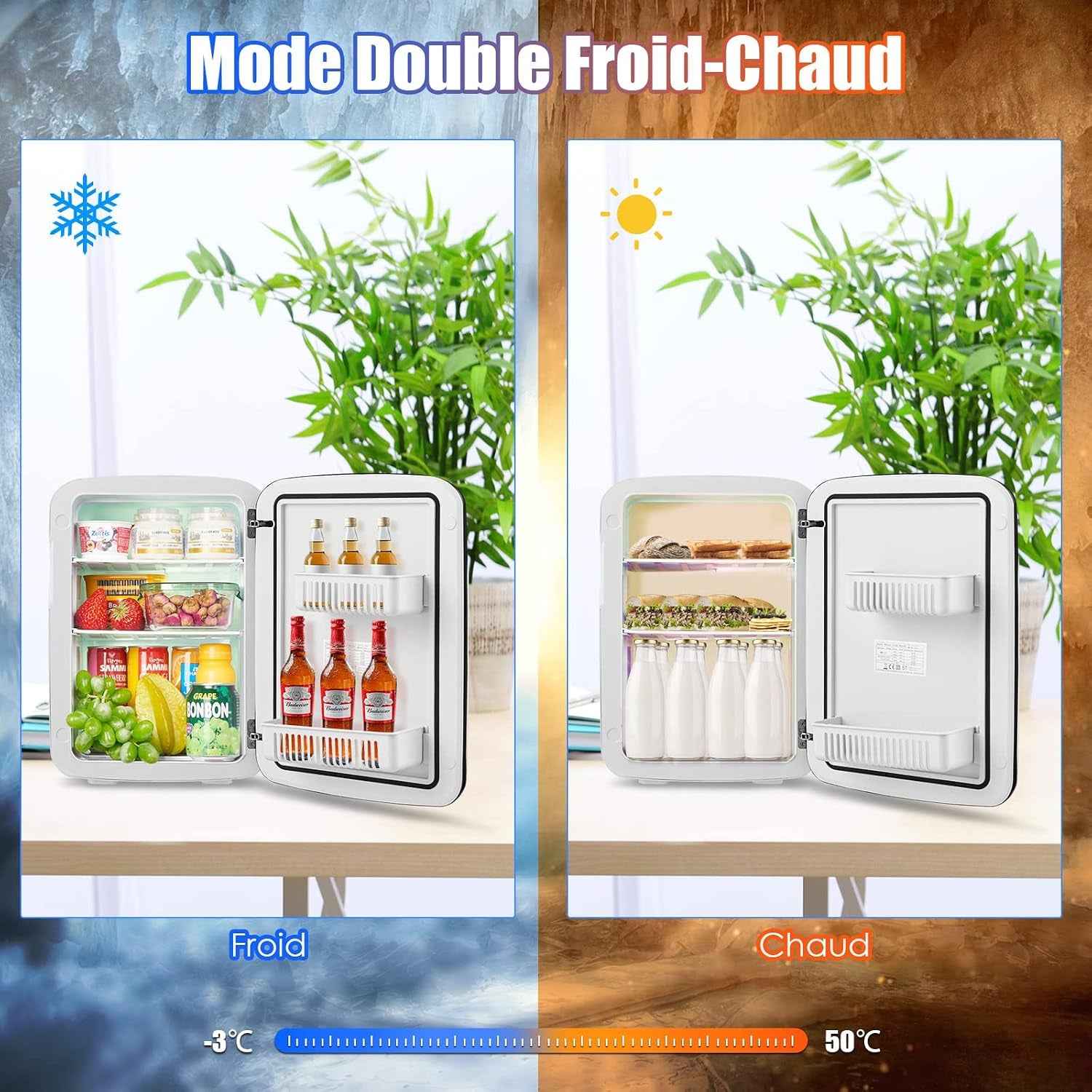 Mini Réfrigérateur 15L Portable -3 ℃ ~ 50 ℃ Pour Utilisation Ménager Automobile, Mini Frigo Réfrigerateur 1 Porte Avec Refroidissement Chauffage Pour Toutes Saisons (Blanc)