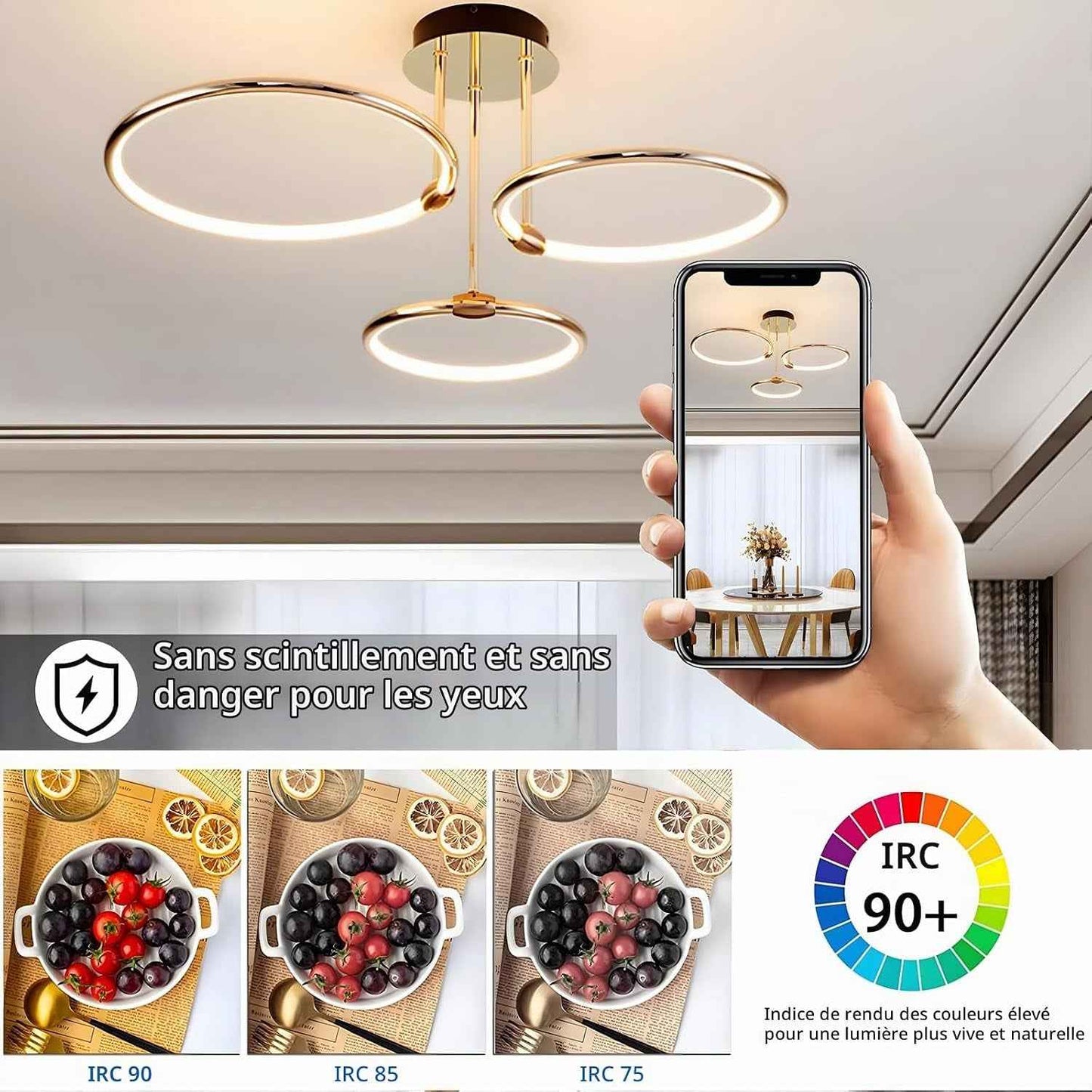 3 Anneaux Ronds Plafonnier Led Doré, Lustre Ø56Cm | 60W À Intensité Variable, Suspension Créative En Métal Électrolytique, Lampe Moderne Pour La Chambre À Coucher Bureau D'Enfants Étude