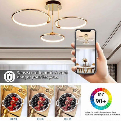 3 Anneaux Ronds Plafonnier Led Doré, Lustre Ø56Cm | 60W À Intensité Variable, Suspension Créative En Métal Électrolytique, Lampe Moderne Pour La Chambre À Coucher Bureau D'Enfants Étude