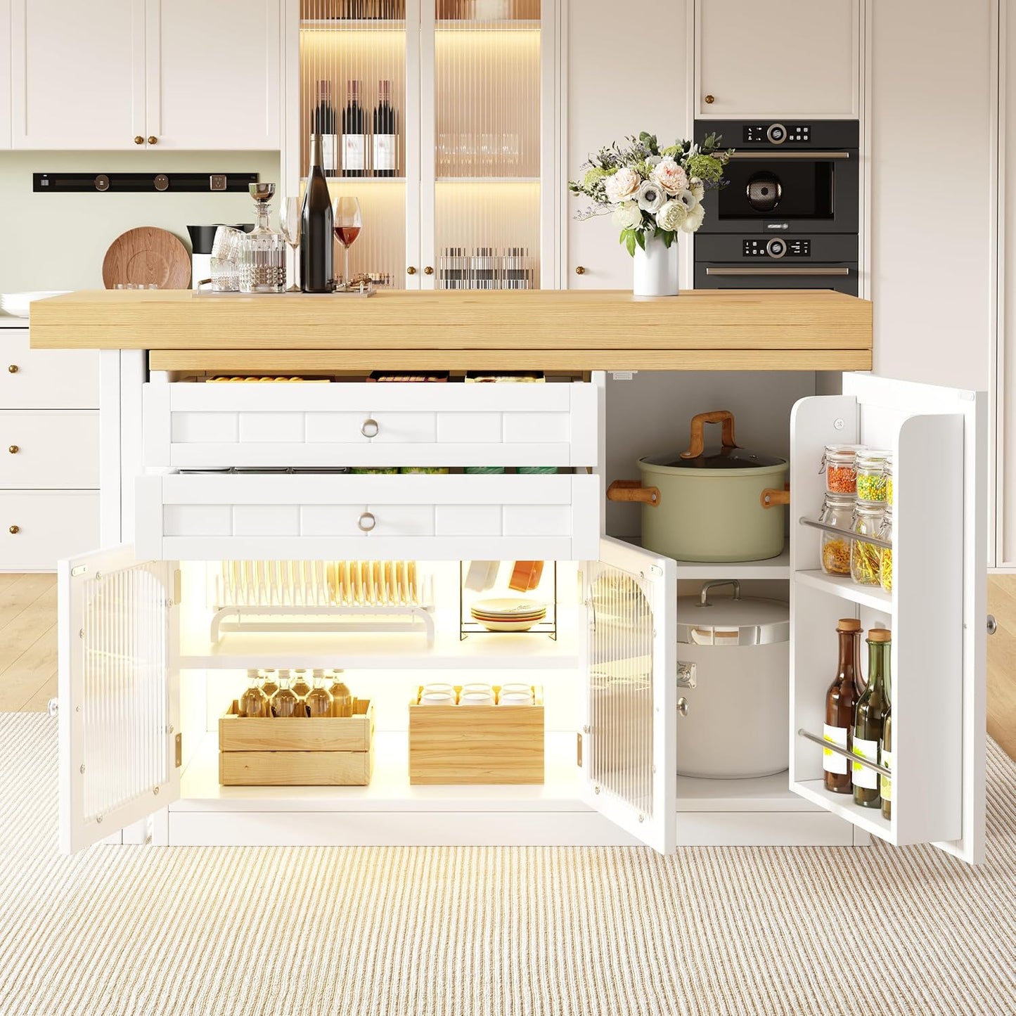 Îlot Central Cuisine Extensible 120-194 Cm Avec Plateau Pivotant 360°, Meuble De Cuisine Avec Portes En Verre Et Rangements, Blanc