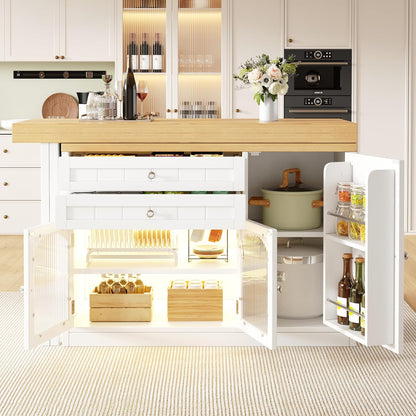 Îlot Central Cuisine Extensible 120-194 Cm Avec Plateau Pivotant 360°, Meuble De Cuisine Avec Portes En Verre Et Rangements, Blanc