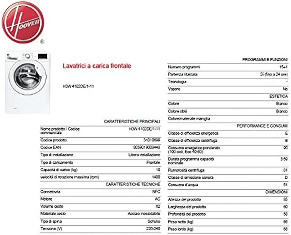 Candy  Group Srl - H-Wash 300 Lite H3W 4102DE/1-11 - Machine À Laver À Charge Frontale, 10 Kg, 1400 Tr/Min, Connexion NFC