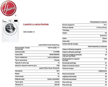Candy  Group Srl - H-Wash 300 Lite H3W 4102DE/1-11 - Machine À Laver À Charge Frontale, 10 Kg, 1400 Tr/Min, Connexion NFC