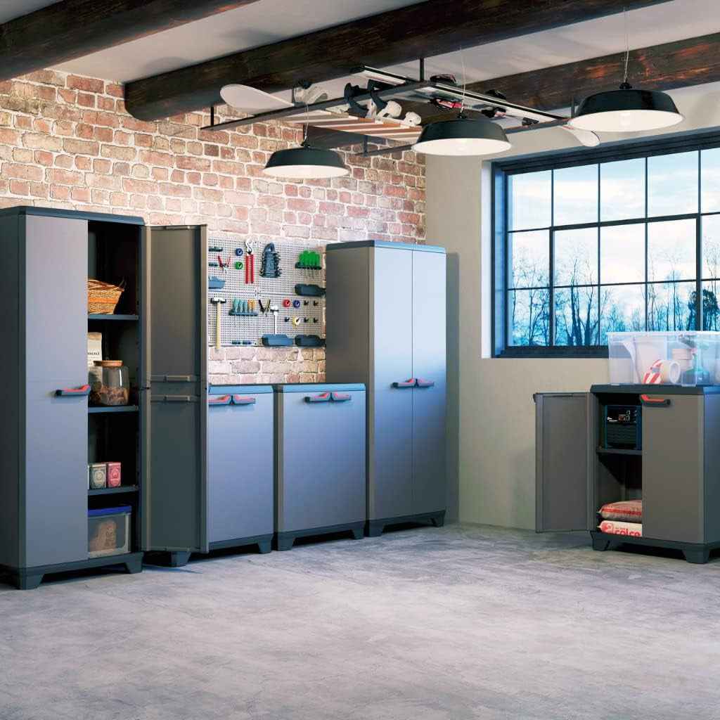 Armoire Basse STILO - Armoire De Rangement Verrouillable - Étagère Et Pieds Ajustables, Poignée Soft Touch - Cuisine, Garage, Atelier, Placard - 68 X 39 X 90 Cm - Gris/Noir/Rouge