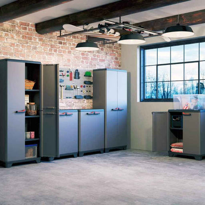 Armoire Basse STILO - Armoire De Rangement Verrouillable - Étagère Et Pieds Ajustables, Poignée Soft Touch - Cuisine, Garage, Atelier, Placard - 68 X 39 X 90 Cm - Gris/Noir/Rouge
