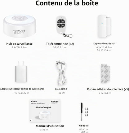 Alarme Maison Sans Fil Intelligent Wifi - Alarme De Porte, 1 Alarme Avec Sirène, 5 Capteurs De Fenêtre Et De Porte, 2 Télécommande, Compatible Avec Alexa, Google Assistant | Notifications via L’Application Sans Abonnement, Contrôle À Distance, Installatio